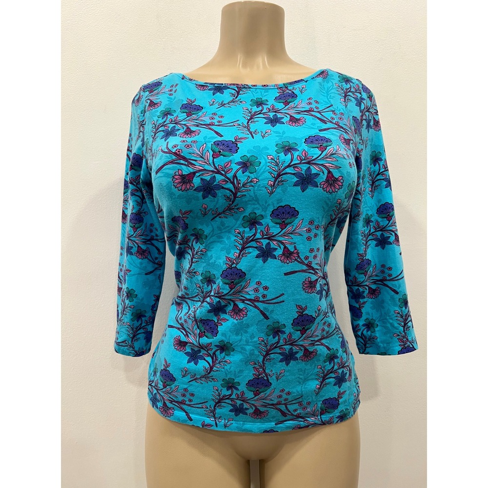 Talbots Tee Womens Top Turquoise Blue Floral Cotton Spandex 3/4 Sleeve Size SP